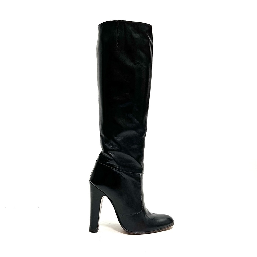 Vintage 1970s black leather knee high zip up heeled It Girl boots